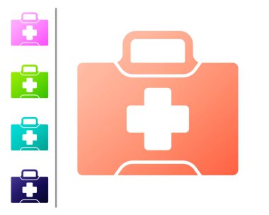 Mercan ilk yardım çantası simgesi beyaz arka planda izole edildi. Haçlı sağlık kutusu. Acil durumlar için tıbbi ekipman. Sağlık sigortası konsepti. Renk simgelerini ayarla. Vektör İllüstrasyonu