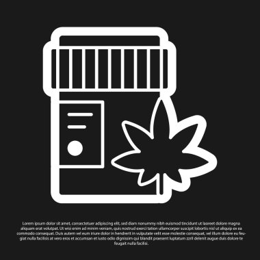 Siyah arka planda marihuana ya da kenevir yaprağı ikonu bulunan siyah tıbbi şişe. Kavanozlardaki kenevir yağı özlerini taklit et. Vektör İllüstrasyonu