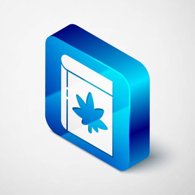 Gri arka planda izole edilmiş Isome Kitap ve marihuana veya kenevir yaprağı ikonu. Kenevir sembolü. Mavi kare düğme. Vektör İllüstrasyonu