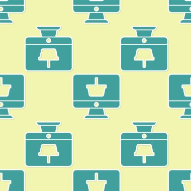 Alışveriş sepeti simgesine sahip yeşil bilgisayar monitörü sarı arkaplanda izole edilmiş pürüzsüz desen. Çevrimiçi alışveriş arabası. Süpermarket sepeti sembolü. Vektör İllüstrasyonu