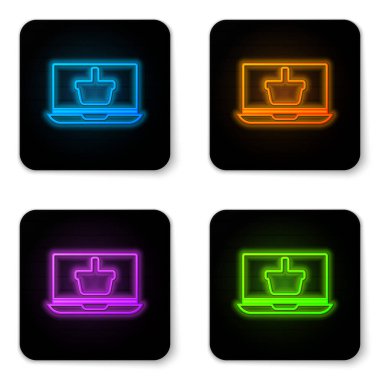 Ekran dizüstü bilgisayarında parlayan neon alışveriş sepeti beyaz arkaplanda izole edilmiş. Konsept e-ticaret, e-ticaret, online iş pazarlama. Siyah kare düğme. Vektör İllüstrasyonu