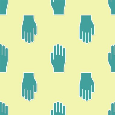 Yeşil tıbbi kauçuk eldiven ikonu sarı arka planda izole edilmiş kusursuz desen. Koruyucu lastik eldivenler. Vektör İllüstrasyonu