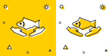 Siyah balık bakım ikonu sarı ve beyaz arka planda izole edilmiş. Rastgele dinamik şekiller. Vektör İllüstrasyonu