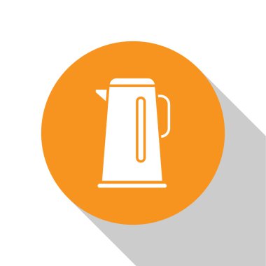 White Kettle with handle icon isolated on white background. Teapot icon. Orange circle button. Vector Illustration