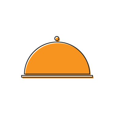 Beyaz arka planda izole edilmiş bir tepsi yiyecek ikonu ile kaplanmış turuncu. Tepsi ve kapak. Kapaklı bir restoran saati. Mutfak eşyaları sembolü. Vektör İllüstrasyonu