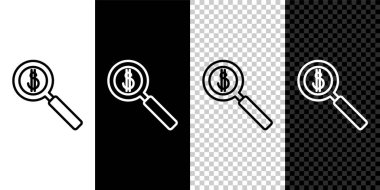 Çizgi büyüteç ve dolar sembolünü siyah beyaz arkaplanda izole et. Para bul. Para arıyorum. Vektör İllüstrasyonu