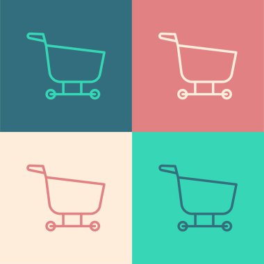 Pop sanat eseri alışveriş arabası simgesi renk arkaplanında izole edilmiş. Yiyecek dükkanı, süpermarket. Vektör İllüstrasyonu