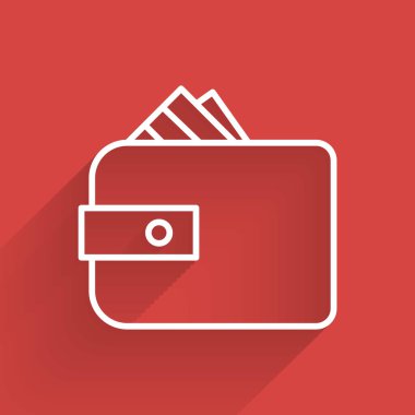 Beyaz çizgili cüzdan, uzun gölgeli izole edilmiş kağıt para ikonu. Çanta ikonu. Nakit tasarruf sembolü. Vektör İllüstrasyonu