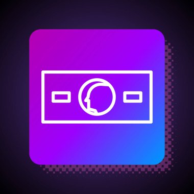 Beyaz çizgi kağıt para nakit ikonu siyah arka planda izole. Para desteleri. Para birimi. Kare renk düğmesi. Vektör İllüstrasyonu