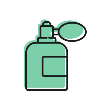 Beyaz arka planda izole edilmiş siyah çizgi tıraş losyonu şişesi. Parfüm spreyi ikonu. Erkek parfüm şişesi. Vektör İllüstrasyonu