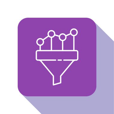 Beyaz çizgi satış hunisi beyaz arka planda izole edilmiş pazarlama ve başlangıç iş simgesi grafiği ile. Bilgi şablonu. Mor kare düğme. Vektör İllüstrasyonu