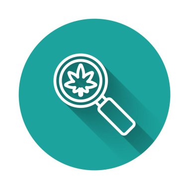 Beyaz çizgi büyüteç ve tıbbi marihuana ya da uzun gölgeli kenevir yaprağı ikonu. Kenevir sembolü. Yeşil daire düğmesi. Vektör İllüstrasyonu