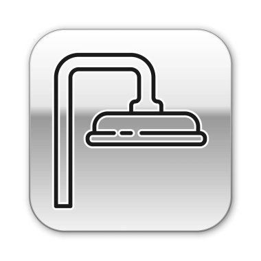 Beyaz zemin üzerinde su damlaları akan siyah duş başlığı izole edilmiş. Gümüş kare düğme. Vektör İllüstrasyonu