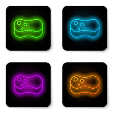 Parlayan neon hattı Sünger simgesi beyaz arkaplanda izole edildi. Bulaşık yıkamak için bir tutam Bast. Temizlik hizmeti konsepti. Siyah kare düğme. Vektör İllüstrasyonu