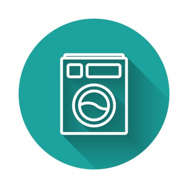 Beyaz çizgi yıkama ikonu uzun gölgeli izole edilmiş. Çamaşır makinesi simgesi. Çamaşır makinesi, çamaşır makinesi. Ev aletleri sembolü. Yeşil daire düğmesi. Vektör İllüstrasyonu
