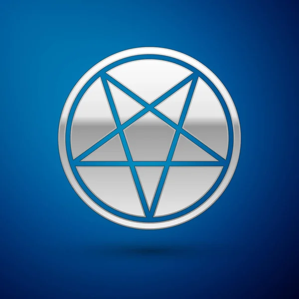 Zilveren Pentagram Een Cirkel Pictogram Geïsoleerd Blauwe Achtergrond Magisch Occult — Stockvector