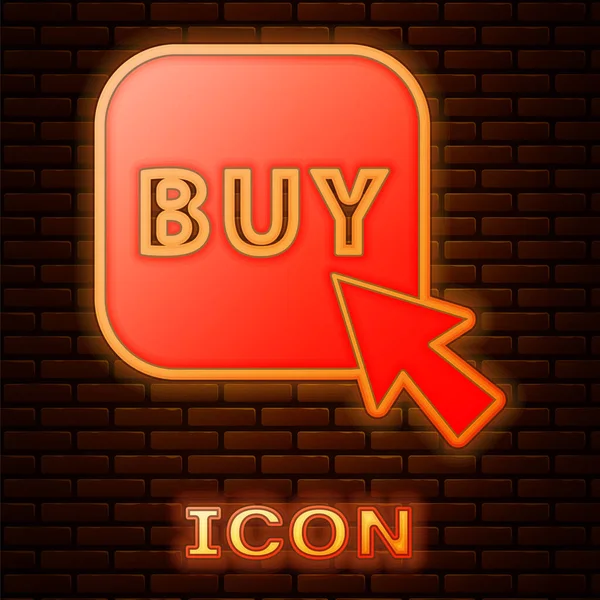 Leuchtende Neon Knopf Symbol Kaufen Isoliert Auf Backsteinwand Hintergrund Vektorillustration — Stockvektor