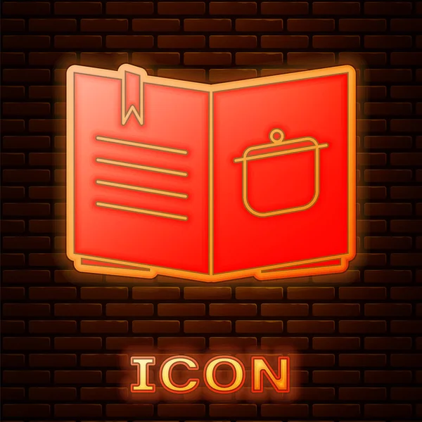 Zářící Neon Cookbook Ikona Izolované Cihlové Zdi Pozadí Ikona Kuchařky — Stockový vektor