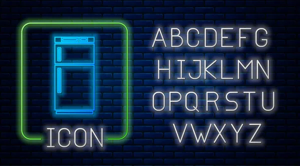 Сяюча Неонова Піктограма Холодильника Ізольована Фоні Цегляної Стіни Холодильник Холодильник — стоковий вектор