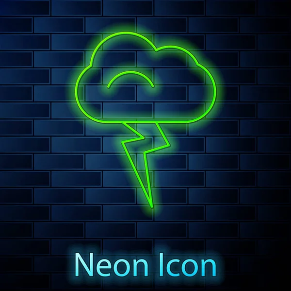 Gloeiende Neon Lijn Storm Pictogram Geïsoleerd Baksteen Muur Achtergrond Wolk — Stockvector