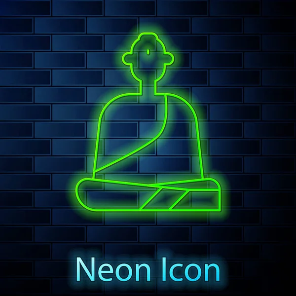 Linea Neon Incandescente Monaco Buddista Vesti Seduto Icona Meditazione Isolato — Vettoriale Stock