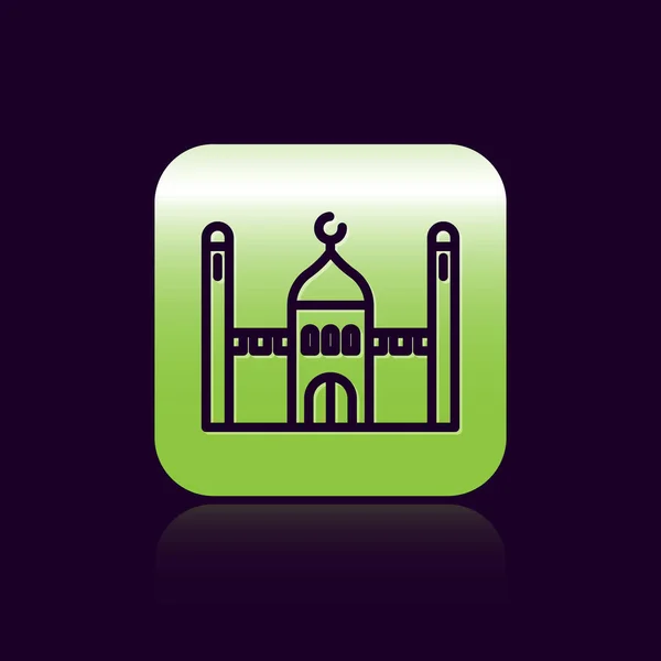 Černá Čára Muslimská Mešita Ikona Izolované Černém Pozadí Zelený Knoflík — Stockový vektor