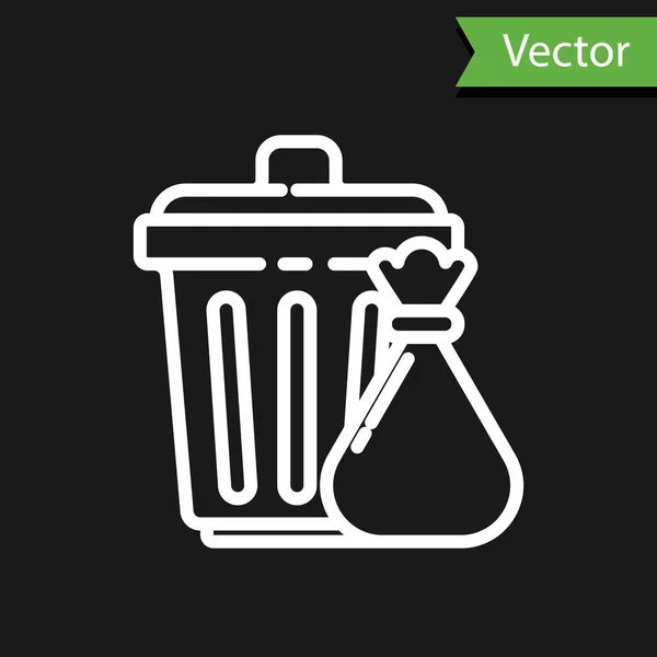 Witte Lijn Prullenbak Vuilniszak Pictogram Geïsoleerd Zwarte Achtergrond Vuilnisbak Bord — Stockvector