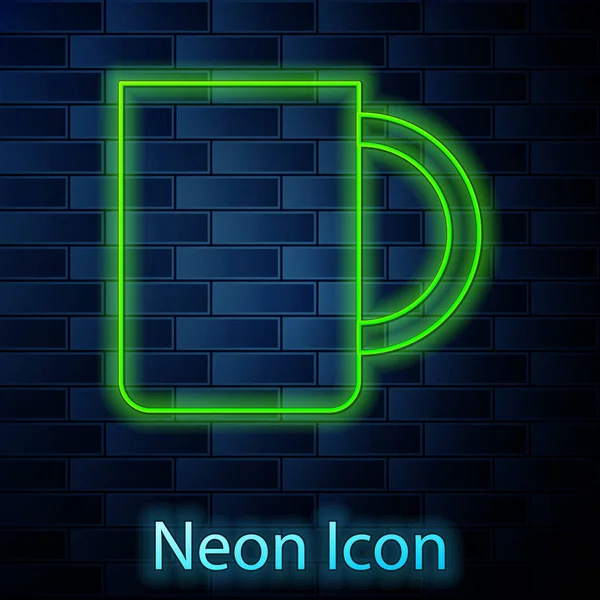 Brillante Línea Neón Icono Taza Café Aislado Fondo Pared Ladrillo — Vector de stock