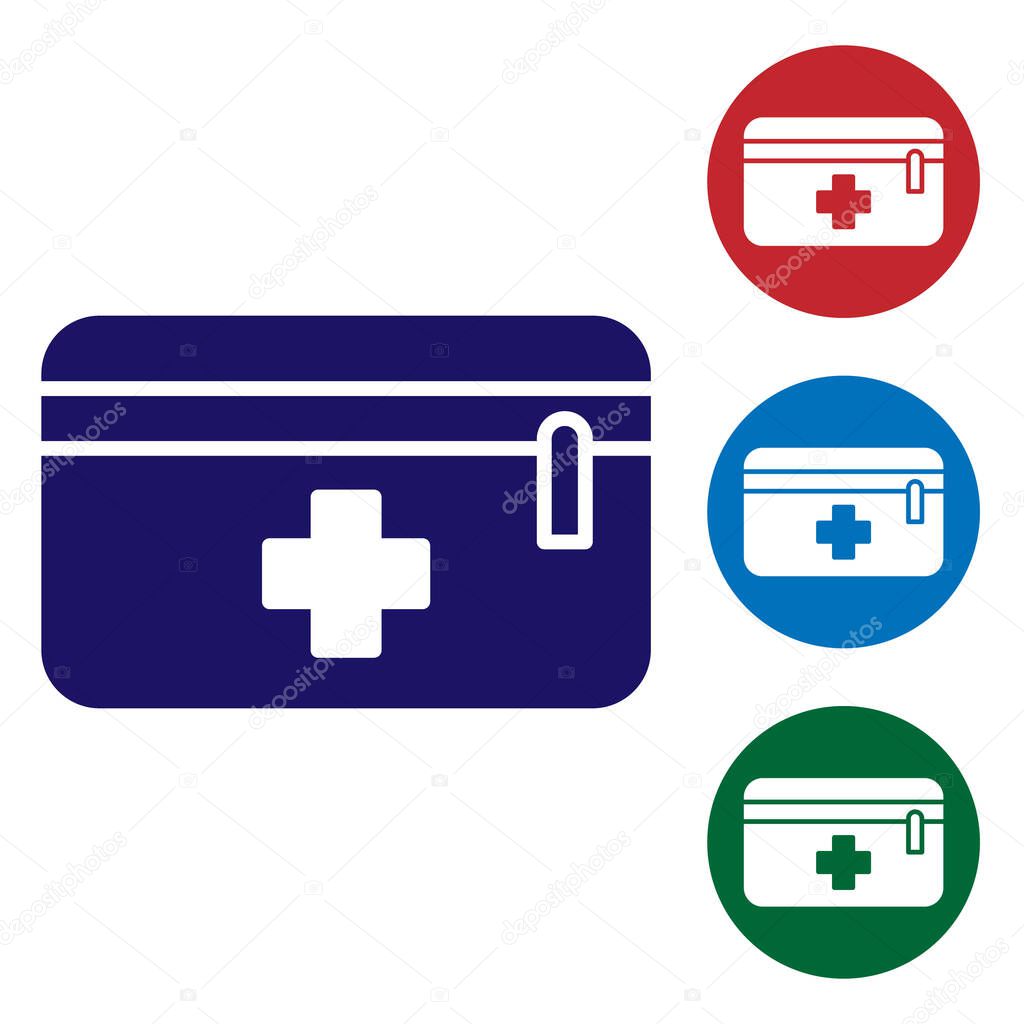 Blue First aid kit icon isolated on white background. Medical box with cross. Medical equipment for emergency. Healthcare concept. Set icons in color square buttons. Vector Illustration
