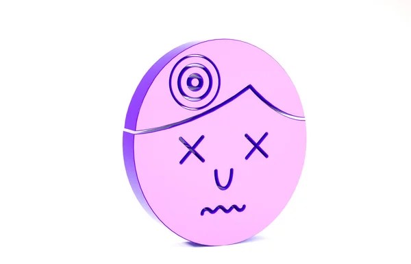 Фіолетовий чоловік має головний біль, значок мігрені ізольовано на білому тлі. Концепція мінімалізму. 3D ілюстрація 3D рендеринга — стокове фото