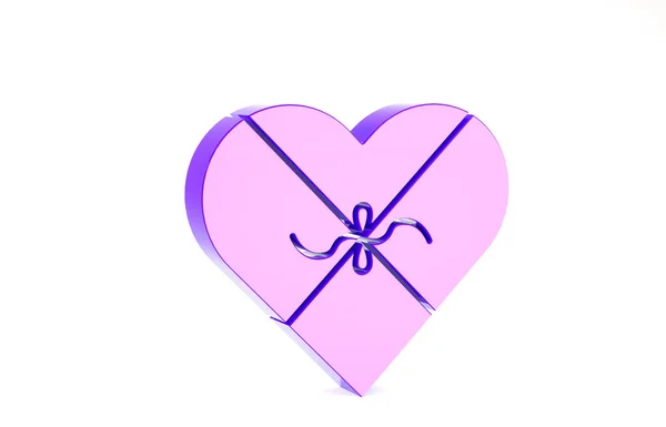 Caramella viola in scatola a forma di cuore e icona di prua isolata su sfondo bianco. San Valentino. Concetto minimalista. Illustrazione 3d rendering 3D — Foto Stock