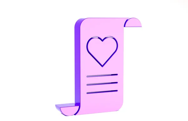 Fioletowa koperta z ikoną walentynkowego serca odizolowana na białym tle. Wiadomość miłość. List o miłości i romansie. Koncepcja minimalizmu. Ilustracja 3D 3D renderowania — Zdjęcie stockowe