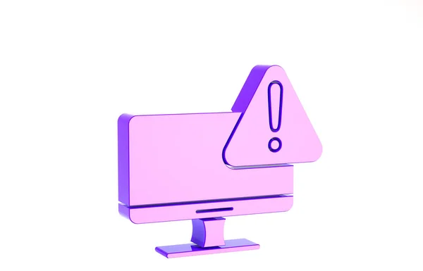 Paarse Computer monitor met uitroepteken pictogram geïsoleerd op witte achtergrond. Waarschuwing smartphone melding. Minimalisme concept. 3d illustratie 3D renderen — Stockfoto