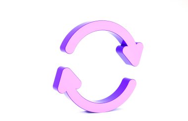 Mor Refresh simgesi beyaz arkaplanda izole edildi. Sembolü yeniden yükle. Döndürme okları daire işareti şeklinde. Minimalizm kavramı. 3d illüstrasyon 3B canlandırma