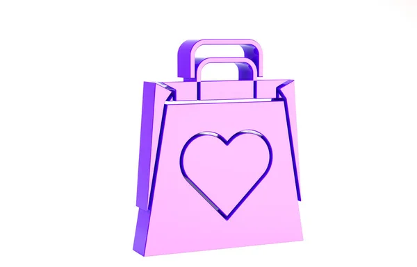 Bolso Purple Shopping con icono del corazón aislado sobre fondo blanco. Tienda de bolsas de compras amor como icono del corazón. Símbolo de San Valentín. Concepto minimalista. 3D ilustración 3D render — Foto de Stock