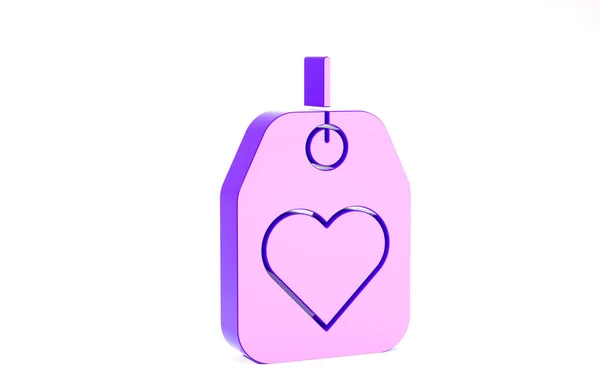 Icona con tag Cuore Viola isolata su sfondo bianco. Simbolo d'amore. Simbolo di San Valentino. Concetto minimalista. Illustrazione 3d rendering 3D — Foto Stock