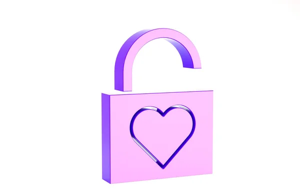 Purple Lock y el icono del corazón aislados sobre fondo blanco. Corazón bloqueado. Signo de amor y cerradura. Símbolo de San Valentín. Concepto minimalista. 3D ilustración 3D render — Foto de Stock