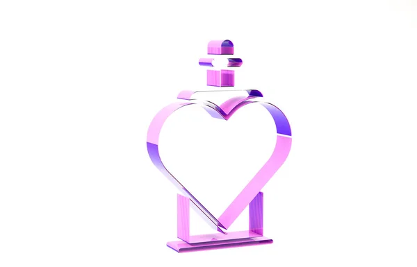 Fioletowa butelka z ikoną miłosnego eliksiru na białym tle. Symbolem Walentynek. Koncepcja minimalizmu. Ilustracja 3D 3D renderowania — Zdjęcie stockowe