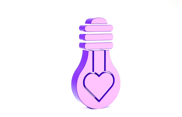 Forma de corazón púrpura en un icono de bombilla aislada sobre fondo blanco. Símbolo de amor. Símbolo de San Valentín. Concepto minimalista. 3D ilustración 3D render — Foto de Stock