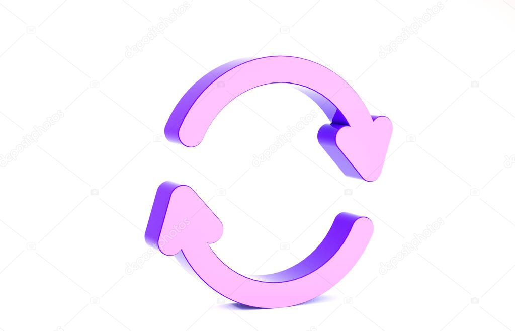 Purple Refresh icon isolated on white background. Reload symbol. Rotation arrows in a circle sign. Minimalism concept. 3d illustration 3D render