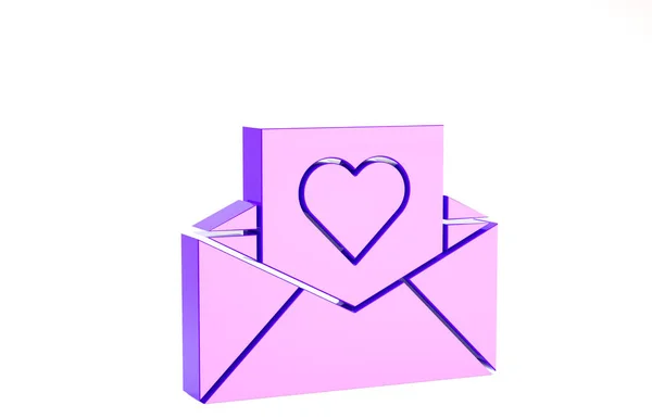 Sobre púrpura con icono del corazón de San Valentín aislado sobre fondo blanco. Mensaje amor. Carta de amor y romance. Concepto minimalista. 3D ilustración 3D render —  Fotos de Stock