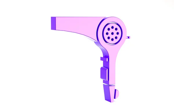 Фиолетовый фен значок изолирован на белом фоне. Вывеска фен. Символ сушки волос. Дует горячий воздух. Концепция минимализма. 3D-рендеринг — стоковое фото