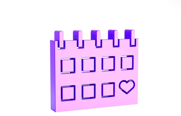 Calendrier violet avec icône de coeur isolé sur fond blanc. Saint Valentin. Symbole d'amour. Le 14 février. Concept de minimalisme. Illustration 3D rendu 3D — Photo