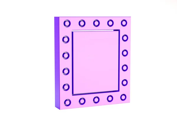 퍼플 메이크업 거울 과 라이트 아이콘 이 흰색 배경에 분리되어 있다. 미니멀리즘의 개념입니다. 3d 삽화 3D 렌더링 — 스톡 사진