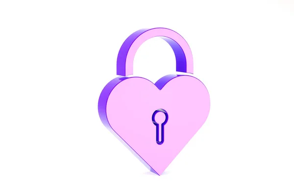 Purple Castle in de vorm van een hart pictogram geïsoleerd op witte achtergrond. Vergrendeld hart. Liefdessymbool en sleutelgat teken. Minimalisme concept. 3d illustratie 3D renderen — Stockfoto