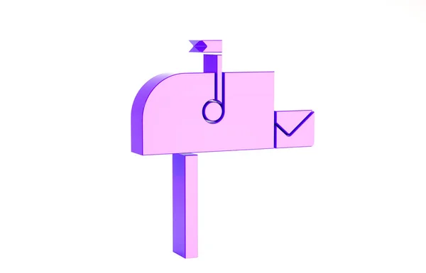 Ikona fialové Otevřít poštovní schránku izolované na bílém pozadí. Ikona poštovní schránky. Poštovní schránka na tyči s vlajkou. Minimalismus. 3D ilustrace 3D vykreslení — Stock fotografie