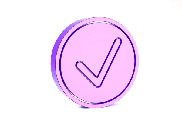Violet Cocher dans l'icône cercle isolé sur fond blanc. Signe du bouton Choix. Cochez le symbole. Concept de minimalisme. Illustration 3D rendu 3D — Photo