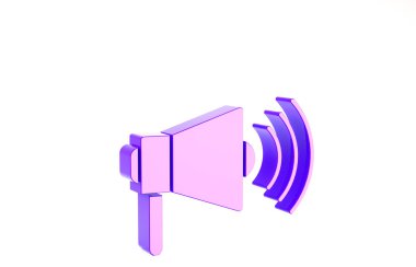 Mor megafon simgesi beyaz arkaplanda izole edildi. Yüksek sesle konuşma uyarısı. Ağızlık için megafon, terfi diye bağırıyor. Minimalizm kavramı. 3d illüstrasyon 3B canlandırma