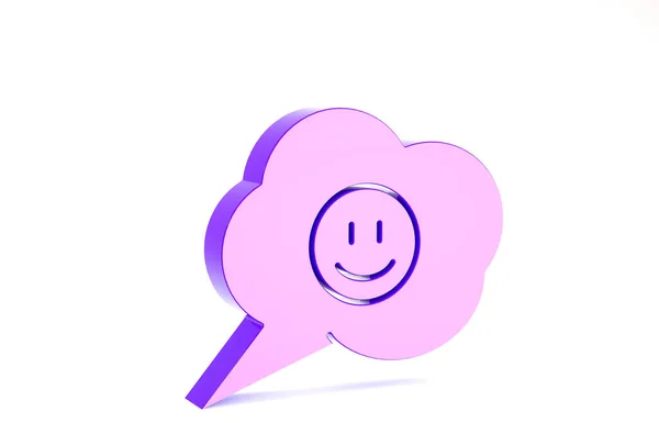 Bolha de fala roxa com ícone de rosto de sorriso isolado no fundo branco. Emoticon sorridente. Feliz símbolo de chat sorridente. Conceito de minimalismo. 3D ilustração 3D render — Fotografia de Stock