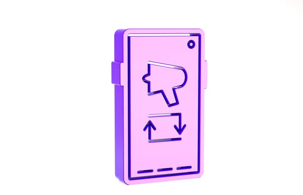 Purple εξαπλωθεί η λέξη, μεγάφωνο στο κινητό τηλέφωνο εικονίδιο απομονώνονται σε λευκό φόντο. Μινιμαλιστική έννοια. 3d απεικόνιση 3D καθιστούν — Φωτογραφία Αρχείου